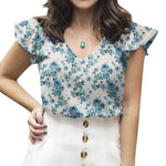 LinkMejor Women's Blouse Vintage Shirt Summer Ruffle Short Sleeve V-Neck Floral Loose Hot Selling Style Top Pullover