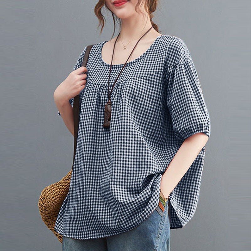 LinkMejor Women Plaid Blouses Shirt Trendy Casual Round Neck Top with Pleats Short Lantern Sleeves Shirt Loose Fit