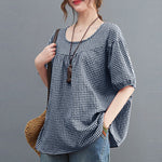LinkMejor Women Plaid Blouses Shirt Trendy Casual Round Neck Top with Pleats Short Lantern Sleeves Shirt Loose Fit