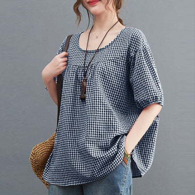 LinkMejor Women Plaid Blouses Shirt Trendy Casual Round Neck Top with Pleats Short Lantern Sleeves Shirt Loose Fit