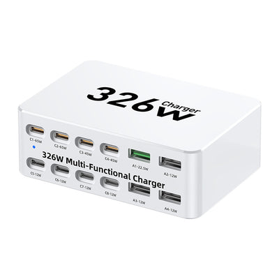 WLX-818E 326W 12-Port Multi-functional Charger 4USB-A+8USB-C Fast Charging Desktop Charging Station EU Plug for iPhone 17 17Pro 16 Pro Max 15 14 for Huawei Mate XTs for OPPO for VIVO