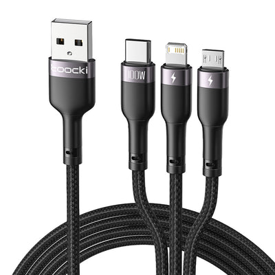 Toocki TQ-X61 6A 100W USB-A to iP/Micro/Type-C Cable Fast Charging Data Transmission Copper Core Line 1.2M Long for iPhone 15/15 Plus 14 13 for Huawei Mate60 Pro for Samsung Galaxy S23 for Xiaomi 13Pro