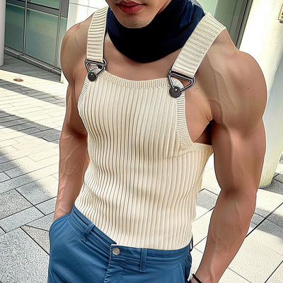 LinkMejor Mens Solid Knit Textured Sleeveless Vest Fashion Solid Color Metal Button Strap Tank Top for Men