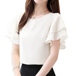 LinkMejor Women Fashion Short Sleeve Ruffles Blouse Elegant Office OL Shirt Casual O Neck Solid Tops