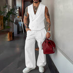 LinkMejor Mens Solid Color Double-Breasted Two Pieces Outfit Sleeveless Blazer Vest Pant Casual Suit for Male