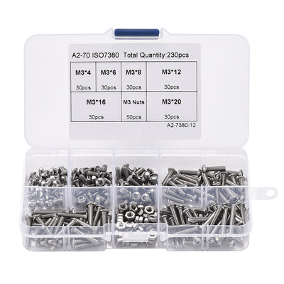 230pcs M3 304 Stainless Steel Allen Hex Drive Button Head Socket Cap Bolts Screws Nuts Assortment Kit Box Nuts Allen bolts Set