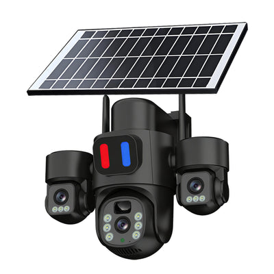 Three Lens 6MP HD Solar Powered Security Camera 5X Zoom PTZ Color Night Vision Red Blue Alarm Wireless WiFi Outdoor AI Human Detection Weatherproof Camera