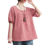 LinkMejor Women Plaid Blouses Shirt Trendy Casual Round Neck Top with Pleats Short Lantern Sleeves Shirt Loose Fit