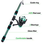 LinkMejor Spinning Fishing Rod Reel Combos 1.8M Telescopic Rod with 5.2:1 3BB Fishign Reel Max Drag 5kg Full Fishing Kit-Green