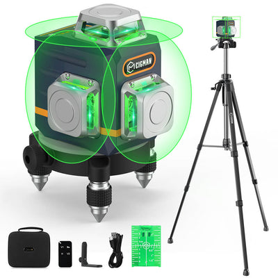 LinkMejor CM-701T 3x360° Laser Level 100ft Green Beam Self-Leveling Remote Control Rechargeable Battery with 1.5m Tripod IP54 Rating