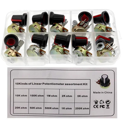 10 Values WH148 Potentiometer Kit B1K 2K 5K 10K 20K 50K 100K 250K 500K 1M 15mm Linear Taper Rotary Potentiometer Set 3Pin with Nuts and Knob Cap
