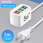 10A 220V 6-Port USB PD Charger Power Strip Fast Charging Desktop Charging Station EU Plug US Plug with 1M Long Cord USB HUB Adapter Socket for iPhone 16 16 Pro 15 14 13 Pro Max for Huawei Mate XT for Xiaomi 15pro