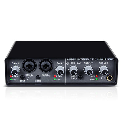 Q-24 Computer Soundcard External USB Audio Interface 24 Bit/192kHz 2 In 4 Out Sound Card with 48V Phantom Power Loopback Recording Streaming Podcast Studio Mixer