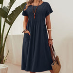 LinkMejor Women Short Sleeve Pleated Party Long Dress Casual Loose Sundress Maxi Dress with Pockets
