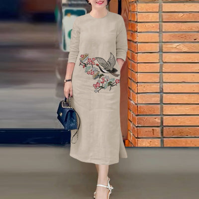 LinkMejor Women's Dresses Vintage Casual 3/4 Sleeve Round Neck Dress Floral Embroidery Split Shift Dresses