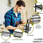 4 Layers Heavy Duty Iron Tool Storage Rack Wall Mount Organizer Battery Charging Station Drill Slots Easy Installation for Garage Workshop