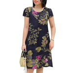 LinkMejor Womens Retro Crew Neck Raglan Sleeve Dress Floral Print Knee Length Cotton Linen Elegant Sundress