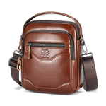 LinkMejor 8inch Cowhide Leather Men's Shoulder Bag Retro Fashion Cross Body Bag with Hand Band Multiple Zipper Pocket Capacity Business Casual Travel Messenger Bag