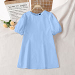 LinkMejor Womens Casual Round Neck Shirt Dress Puff Sleeve Short Dress A Line Solid Tunic Mini Dresses Plus Size