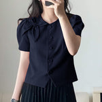 LinkMejor Womens Elegant Bowknot Decorate Puff Sleeve Blouses Temperament Button Shirts