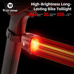 WEST BIKING High-Brightness Bike Taillight IP66 Waterproof Bicycle Rear Light with 6 Modes Long-Lasting 250mAh Battery Type-C Rechargeable Safety Light