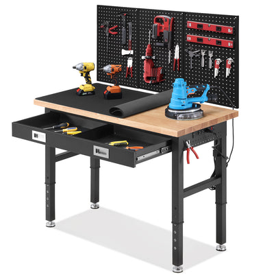 LinkMejor Work Bench with Storage Adjustable Workbenches with Drawer for Garage 48 Inch Rubber Wood Top Garage Workbench with Pegboard, Power Outlets for Woodworking Home Office Workshop