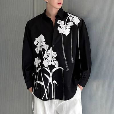 LinkMejor Mens Floral Print Fringe Long-Sleeve Shirt Fashion Button Lapel Top for Male Loose Fit S-5XL