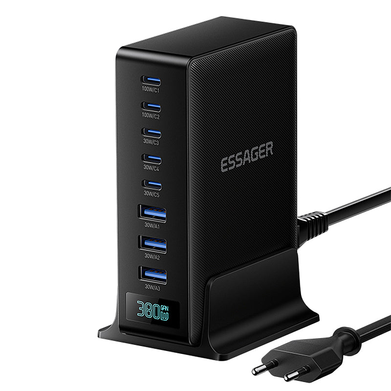 [GaN Tech] ESSAGER NCC-888 380W 8-Port USB PD Charger 3USB-A+5USB-C PD3.0/2.0 QC4.0/3.0/2.0 AFC FCP SCP DCP PPS Apple2.4A BC1.2 Fast Charging Desktop Charging Station EU Plug for iPhone 17 17Pro 16 Pro Max 15 14 for Huawei Mate XTs for OPPO for VIVO
