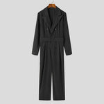 LinkMejor Men Jumpsuits Corduroy double-breasted Suit Collar Long-sleeved Casual One-piece Suit for Men with Side Pockets