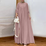LinkMejor Women Abaya Casual Maxi A-Line Sundress Kaftans Lantern Sleeve O-Neck Plain Dress