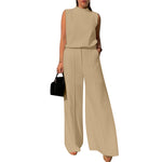 LinkMejor Women Vintage Casual Stand Neck Sleeveless Pleated Wide Leg Tops Trousers