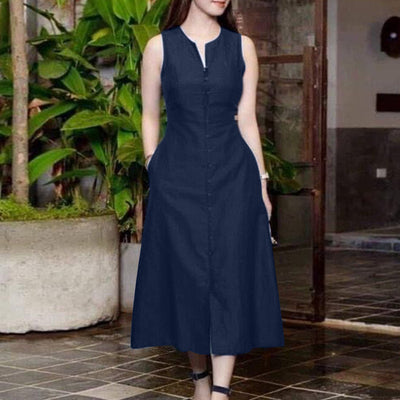 LinkMejor Women's Vintage Sleeveless V-Neck Plain Midi Dresses Casual Loose Front Slit Sundress Solid Color Dress