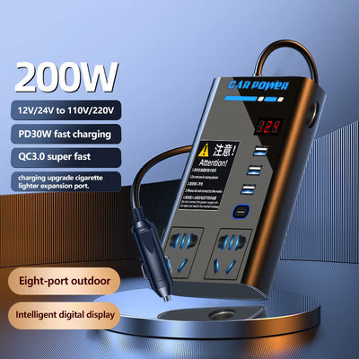 200W High Power Car Inverter Charger 12V To 110V 220V Multi-Function Converter Type-C Mobile Phone Fast Charging with Eight Output Port