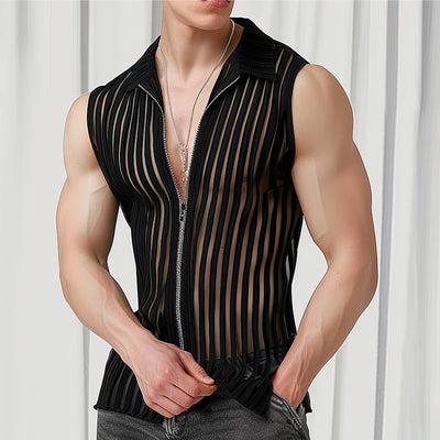 LinkMejor Mens Striped See Through Lapel Collar Vest Comfortable Black Zipper Sleeveless Tank Top for Male