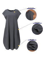 LinkMejor Plus Size Women Mid Long Dress Solid Pocket Short Sleeve Round Neck Cotton Casual Beach Midi Dress