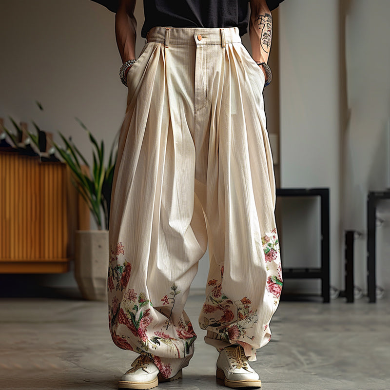 INCERUN Men Stylish Design Ankle Part Floral Print Wide Leg Pants with Pockers, Comfy Loose Botton Zipper Trousers 5XL for Spring Summer Fall
