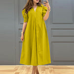 LinkMejor Women Vintage Fashion Solid Casual V-Neck Short Sleeve Dress Loose Fit with Side Pockets