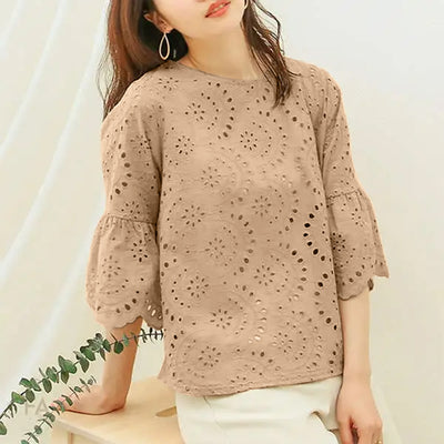 LinkMejor Plus Size Women Floral Lace Splicing Crew Neck Blouse, Elegant 3/4 Loose Petal Sleeve Blouse For Spring & Summer, Women's Clothing S-5XL