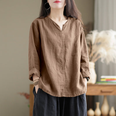 LinkMejor Vintage Women Cotton Blouse V Neck Long Sleeve Tops Retro Solid Loose Shirt Female Work Tunic Blusas Mujer