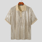 LinkMejor Mens Sequin Sparkle Glitter Patchwork T-Shirt Fashion Short Sleeve Lapel Top Tshirt for Men