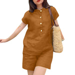 LinkMejor Womens Casual 2pcs Sets Short Sleeve Top Blouse Elastic Waist Pants Loose Suits