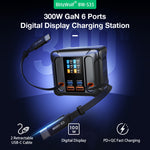 [GaN Tech] LinkMejor® BW-S35 300W 6 Ports USB PD Digital Display Charger with Retractable Cable 4USB-C+2USB-A QC PD Fast Charging Desktop Charging Station for iPhone 17 16 16 Pro 15 14 13 Pro Max for MacBook Pro for Airpods for Apple Watch
