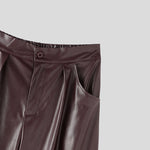 LinkMejor Mens Solid Color Leather Wide-Leg Pant Casual Elastic Waist Straight Legged Pants