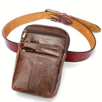 Ekphero Men's Genuine Leather Crossbody Bag with Zipper Mobile Phone Shoulder Bag Small Travel Waist Bag Multi-Pockets Male Belt Waist Packs