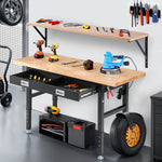 LinkMejor Workbench With Drawers 60 x 22 Inch Adjustable Height 28 to 40 Inch Rubberwood Top 2000 lbs Heavy Duty Garage Workbench With Power Outlets Pegboards Shelf Bracket