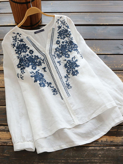 LinkMejor Plus Size Women Cotton Linen V-Neck Embroidery Patterns Casual Loose Blouse