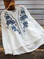 LinkMejor Plus Size Women Cotton Linen V-Neck Embroidery Patterns Casual Loose Blouse