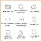 Multi-Functional LED Voice Control Clock Hygrometer FM Radio Dual Alarms Adjustable Brightness Temperature Humidity Display USB Charging