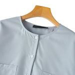 LinkMejor Womens Daily Casual Crew Neck Puff Sleeve Shirts Office Lady Button Up Solid Blouses with Pockets