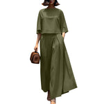 LinkMejor Women Two-piece Outfits 3/4 Sleeve O-Neck Top Elastic Waist Pleated Wide Leg Pants Sets
